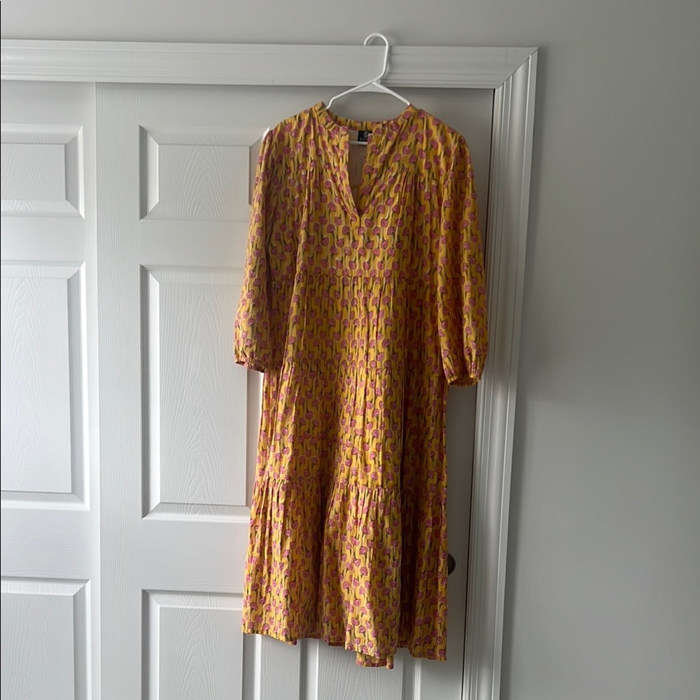 Elegant Yellow and Pink Patterned Dress